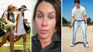group of women go golfing (l) woman shares golfing experience (c) impatient male golfer (r)