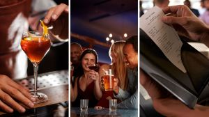 expensive cocktail (l) woman and men at a bar drinking (c) bar tab (r)