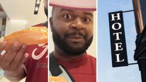 hotdog on hand (l) man shares hotel review (c) Hotel sign (r)