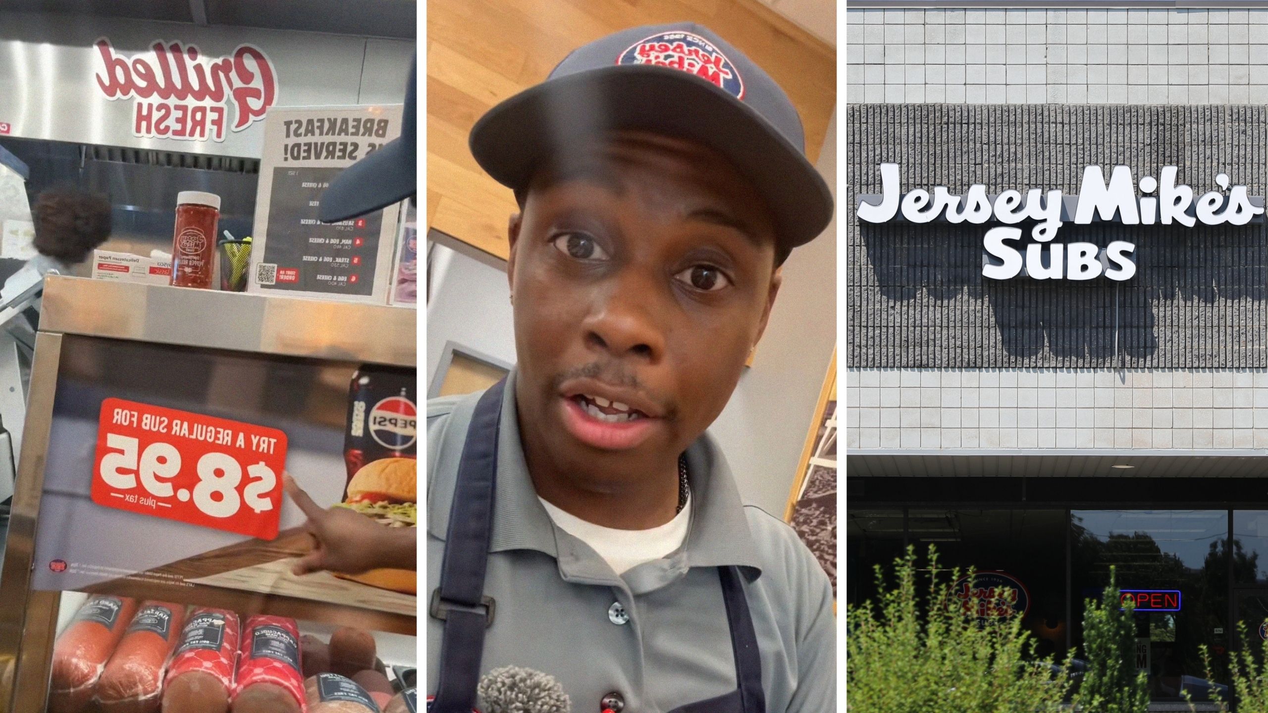 sub price (l) man shares job experience (c) Jersey Mike's entrance (r)