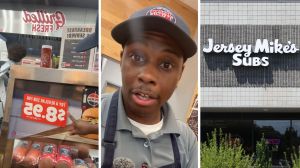 sub price (l) man shares job experience (c) Jersey Mike's entrance (r)