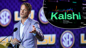 Lane Kiffin LSU press conference and Kalsh logo