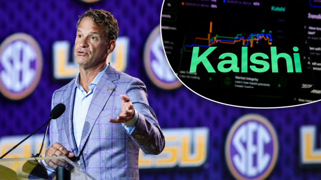 Lane Kiffin LSU press conference and Kalsh logo