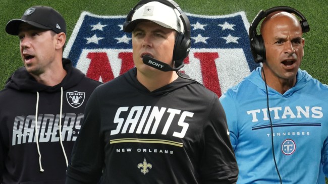 Raiders coach Klint Kubiak, Saints coach Kellen Moore, and Titans coach Robert Saleh
