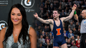 A collage featuring Illinois women's volleyball player Ellie Holzman and her now husband Lucas Byrd, who won an NCAA wrestling championship for the Fighting Illini in 2025.