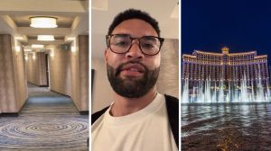 hotel hall (l) man shares hotel experience (c) Bellagio hotel (r)
