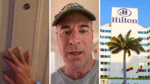 hand on room door (l) man shares hotel review (c) Hilton hotel (r)