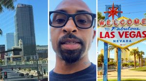 Hotel view from a distance (l) man shares Las Vegas experience (c) Las Vegas sign (r)