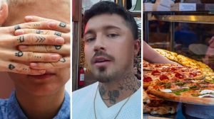 person full of tattoos (l) man shares discrimination experience (c) Pizza shop (r)