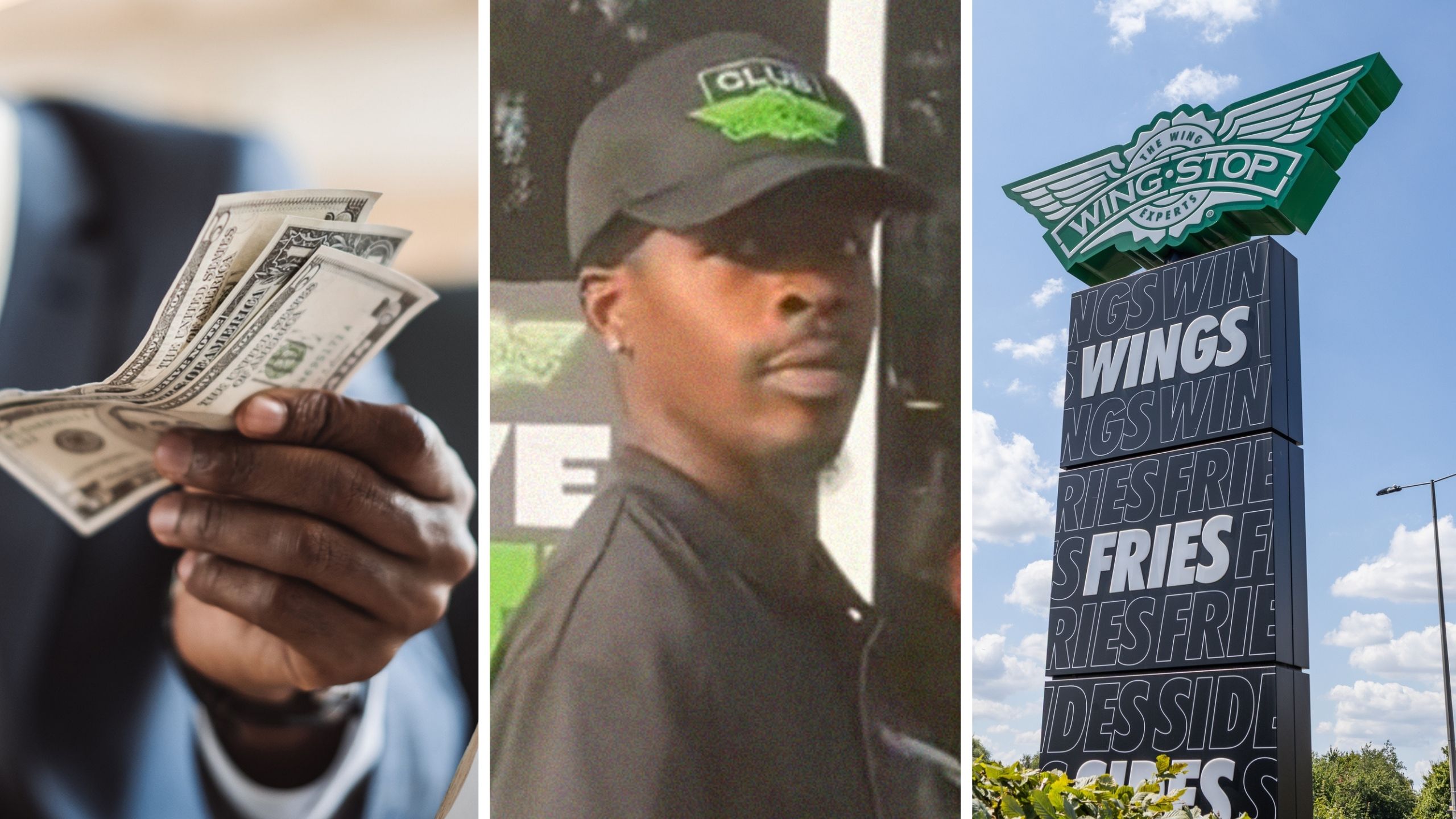 man attempts to pay in cash (l) man shares wingstop new policy (c) Wingstop entrance (r)