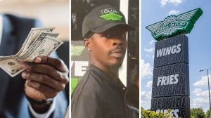 man attempts to pay in cash (l) man shares wingstop new policy (c) Wingstop entrance (r)