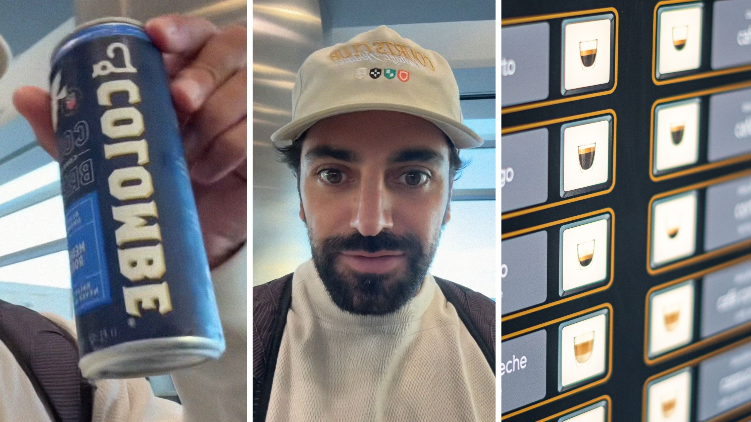 canned coffee (l) man shares coffee machine experience (c) coffee machine options (r)