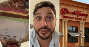 cheesecake factory bag (l) man shares food order issue (c) Cheesecake factory entrance (r)