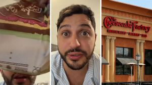 cheesecake factory bag (l) man shares food order issue (c) Cheesecake factory entrance (r)