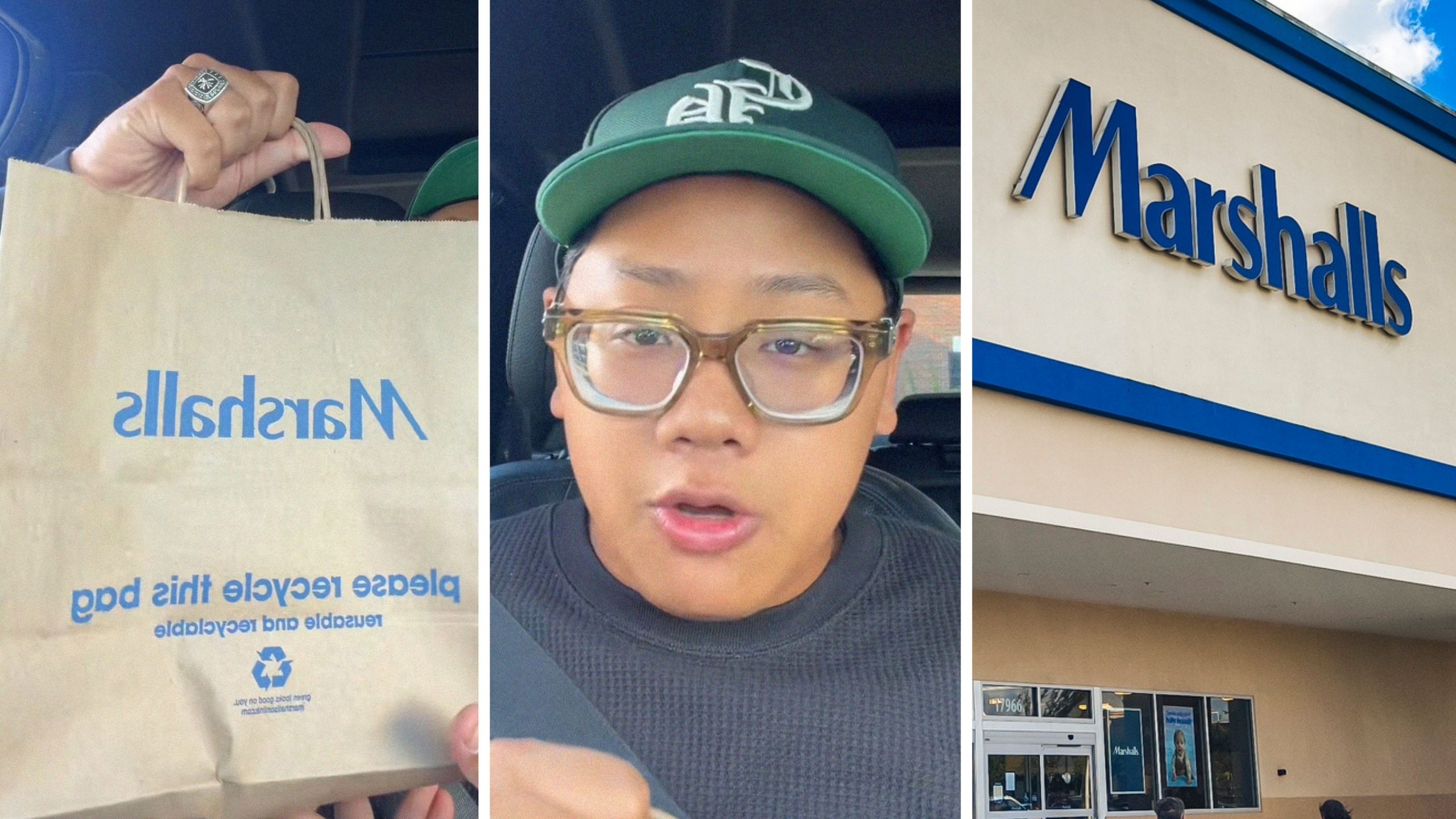 Marshalls shopping bag (l) man shares Marshalls encounter (c) Marshalls storefront (r)