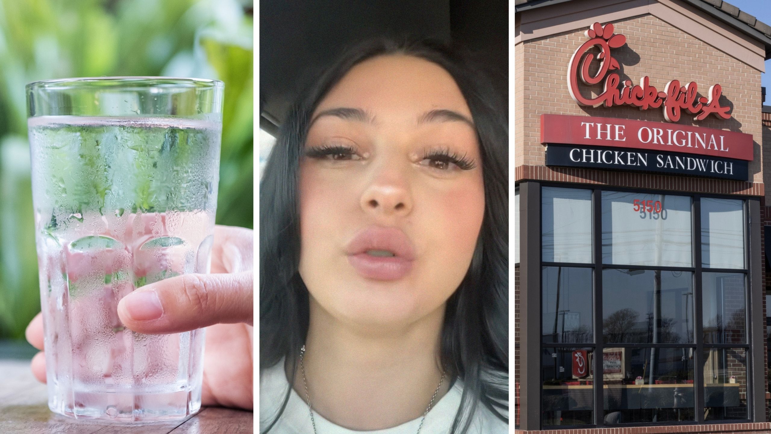cup of water (l) woman shares chick-fil-A employee rules (c) Chick-Fil-A entrance (r)