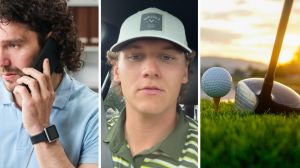 Shop worker on the phone with a client (l) man shares job calls story (c) golf course (r)