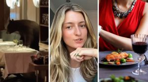bear inside restaurant (l) woman shares restaurant experience (c) woman having dinner (r)