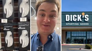 golf gloves (l) man shares gloves shopping hack (c) Dick's storefront (r)