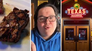 juicy steak (l) man shares restaurant experience (c) Texas Roadhouse entrance (r)