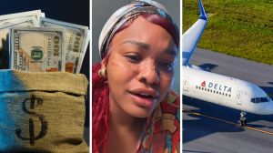 bag of cash (l) woman shares Delta observation (c) Delta aircraft (r)