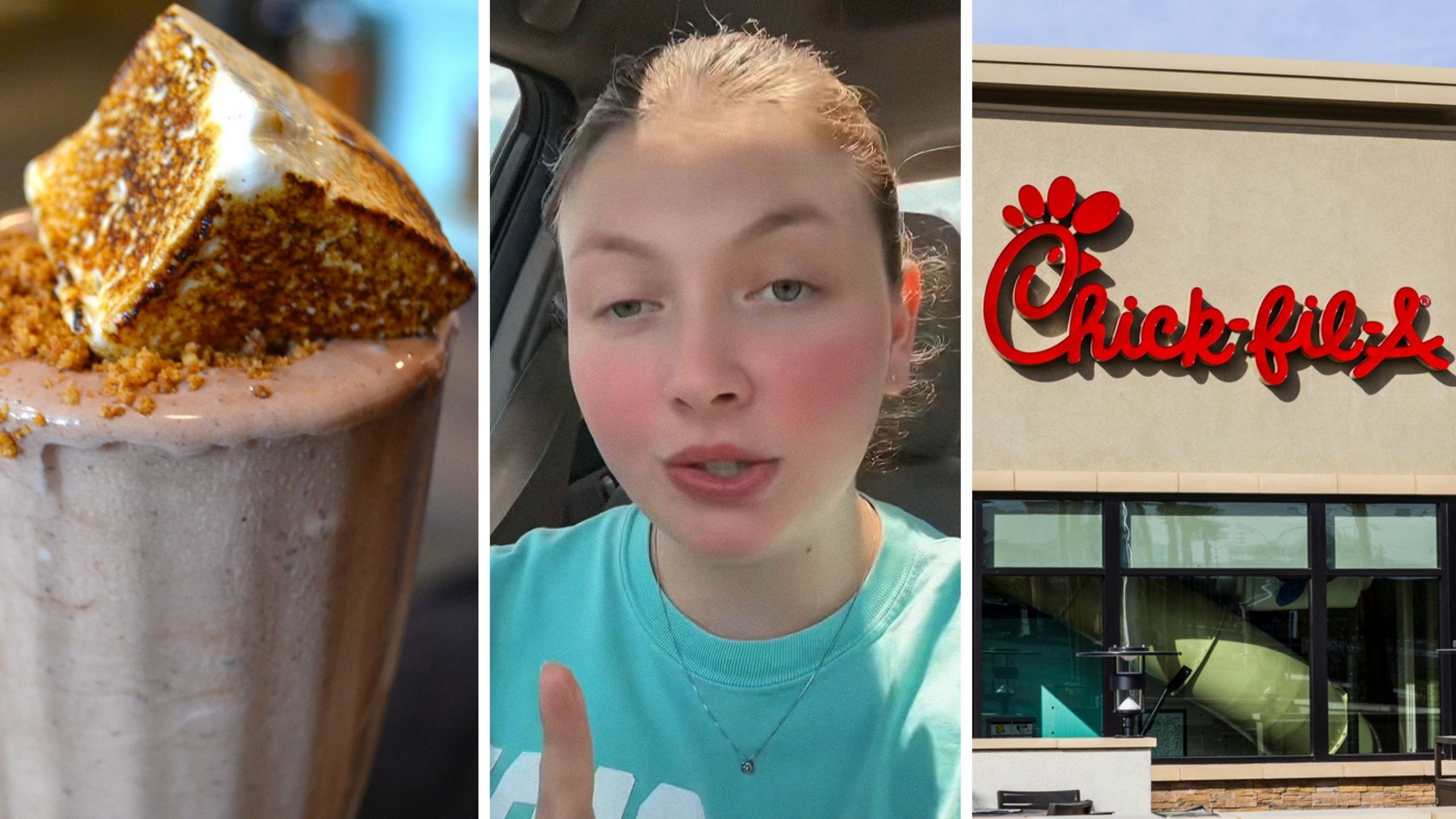 S'mores milkshake (l) woman shares chick-fil-a new drink observation (c) Chick-fil-a shop (r)