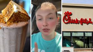 S'mores milkshake (l) woman shares chick-fil-a new drink observation (c) Chick-fil-a shop (r)