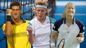 Novak Djokovic, Martina Navratilova, and Steffi Graf over tennis court