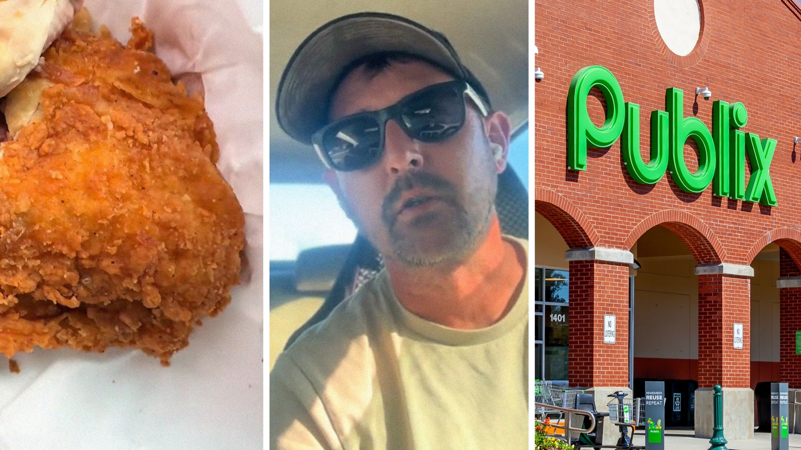 cripsy fried chicken (l) man shares food purchase issue (c) Publix storefront (r)