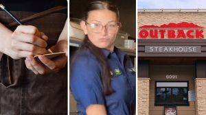 Outback worker at work (l) Outback employee shares new uniform (c) Outback front entrance (r)