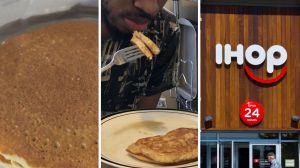IHOP pancakes (l) man shares pancake order issue (c) IHOP entrance (r)