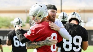 Las Vegas Raiders QB Kirk Cousins hugs Maxx Crosby