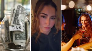 tipping jar (l) woman shares a day in the job (c) women having drinks (r)