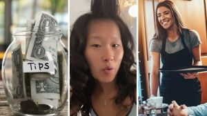 tip jar (l) woman shares job hack (c) waitress at work (r)
