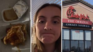 Chick-fil-A waffle sandwich (l) woman shares Chick-fil-A waffle sandwich review (c) Chick-fil-A fast food (r)