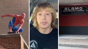 Spider-man (l) man shares movie experience (c) Alamo Drafthouse cinema (r)