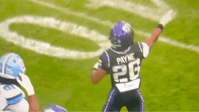 TCU running back Jeremy Payne signals for a first down during a game against North Carolina at Dublin's Croke Park