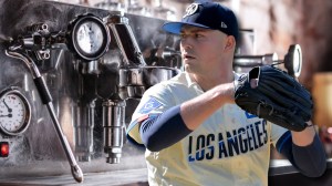 Dodgers pitcher Tarik Skubal next to espresso machine
