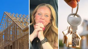house under construction (l) woman shares new home issue (c) new home keys (r)
