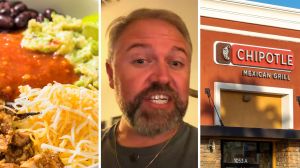 burrito bowl (l) man shares Chipotle experience (c) Chipotle entrance (r)