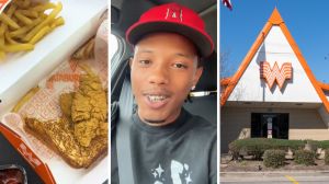 chicken tenders (l) man shares Whataburger food experience (c) Whataburger entrance (r)