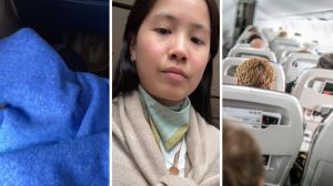 flight blanket (l) woman shares flight blanket observation (c) flight interior (r)