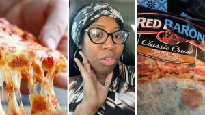 hot pizza (l) woman shares frozen pizza surprise (c) Red Baron frozen pizza box (r)