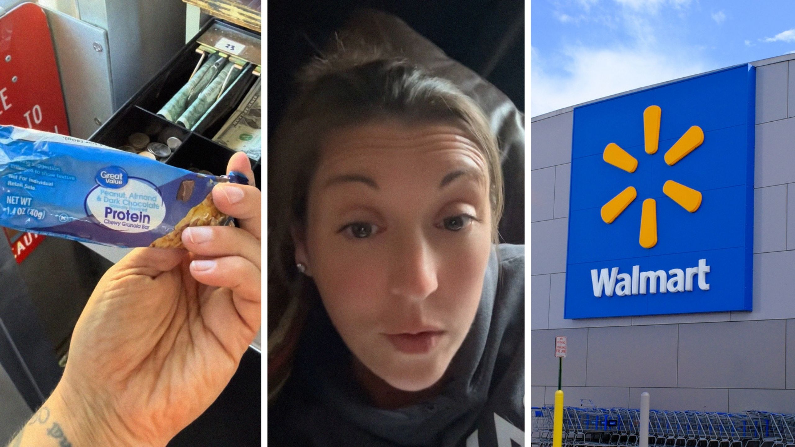 Great Value protein bar (l) woman shares protein bar issue (c) walmart storefront (r)