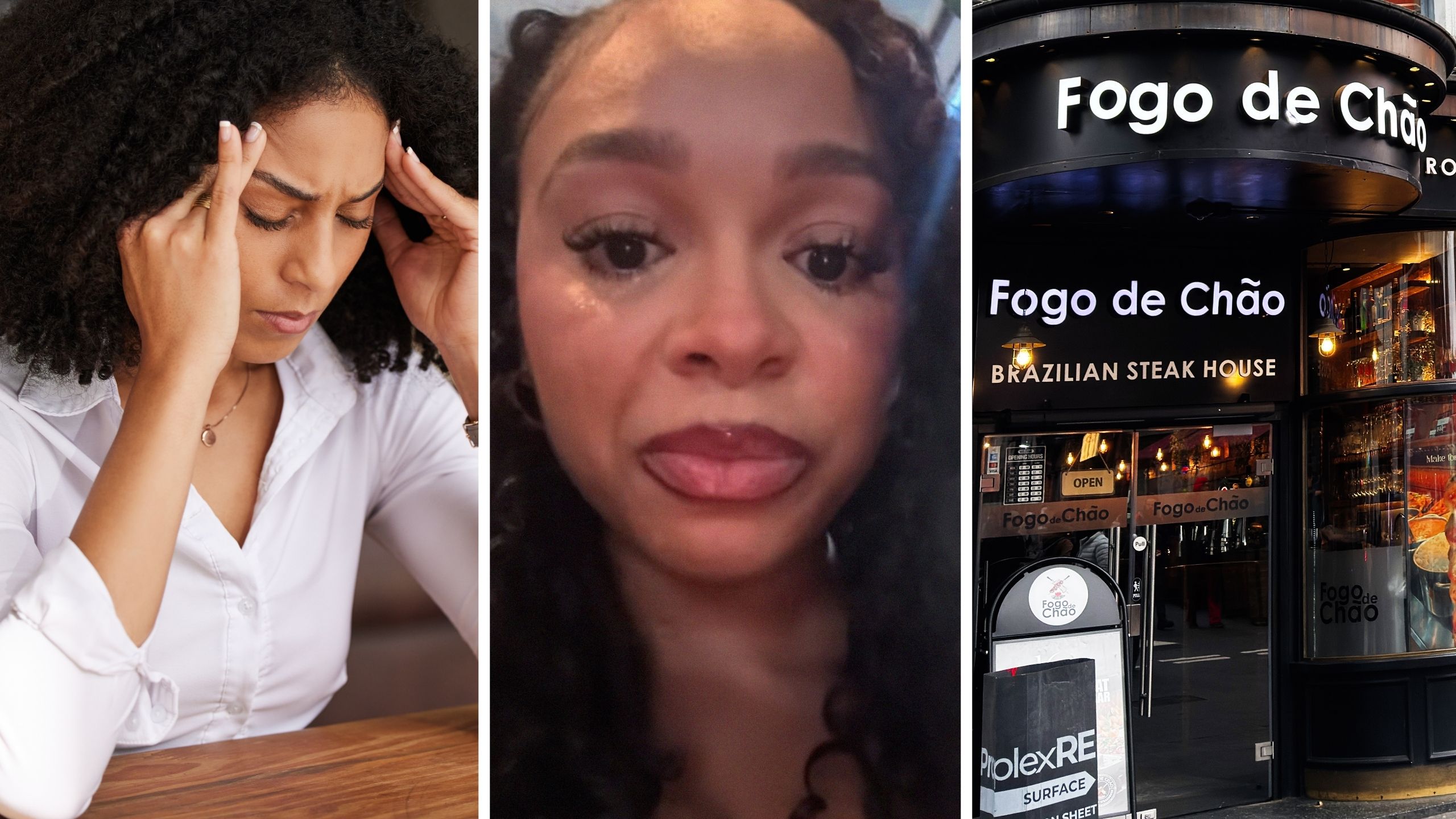 woman gets stood up on date (l) woman shares dating experience (c) Fogo de Chão Brazilian Steakhouse entrance (r)