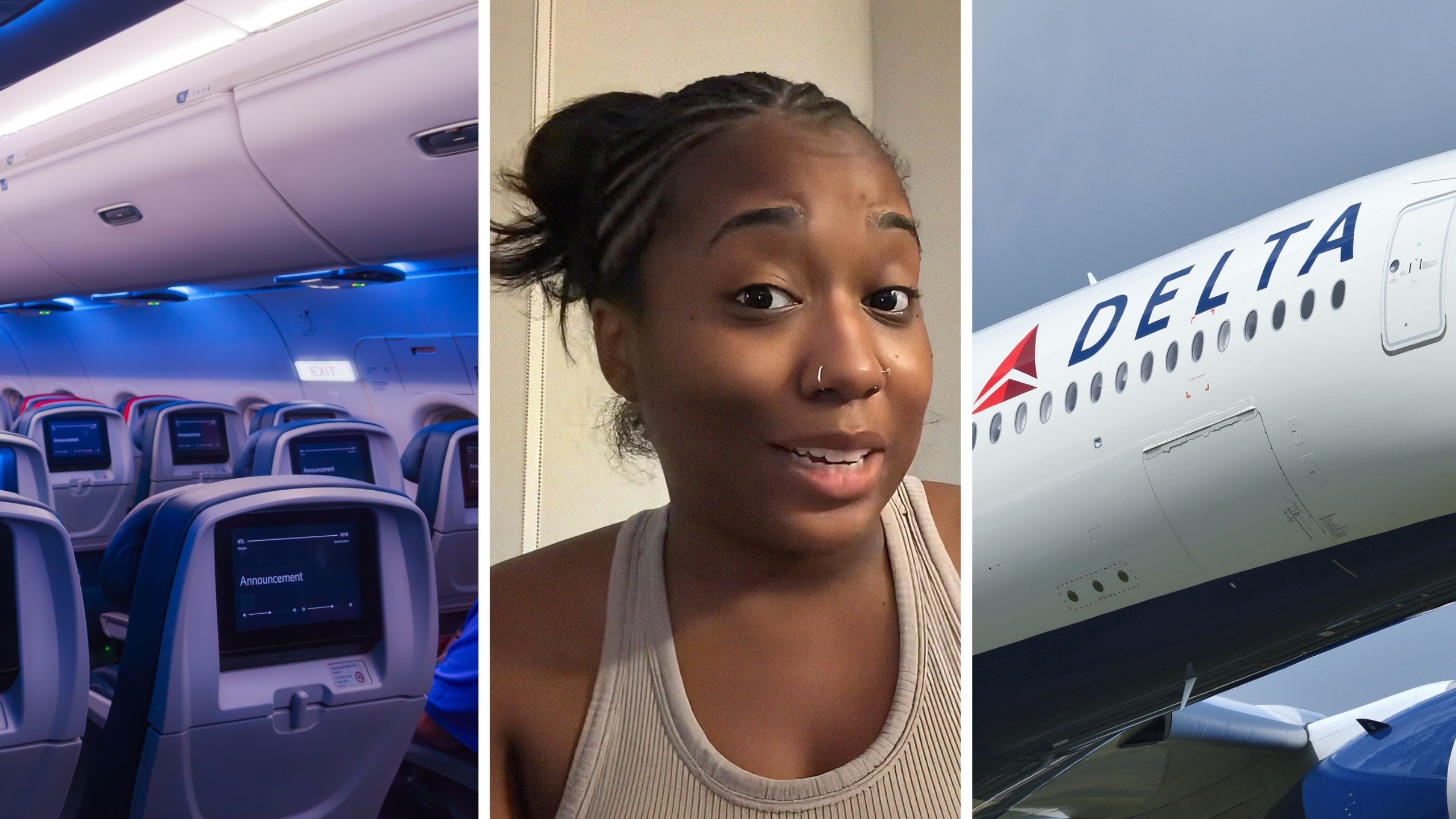 plane seats (l) woman shares travelling issue (c) Delta airlines (r)