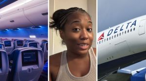 plane seats (l) woman shares travelling issue (c) Delta airlines (r)