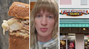 chicken sub (l) woman shares sub purchase issue (c) Firehouse Subs entrance (r)
