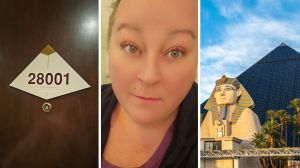 hotel room number (l) woman shares room tour (c) Luxor Hotel in Las Vegas (r)