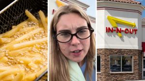 fries being cooked (l) woman shares In-N-Out experience (c) In-N-Out entrance (r)